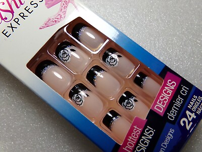 #ad Broadway for Kiss Black French w White Roses Glue On Nails Medium