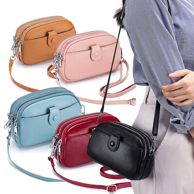 #ad Triple Zip Large Capacity Crossbody Bag Women Leather Handbag Detachable Strap