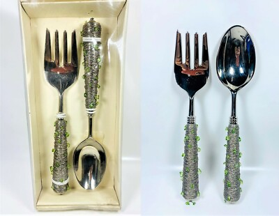 #ad 2 Piece Set Salad Servers in May Green Stones With Box