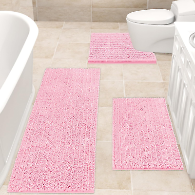 #ad X Large Pink Bathroom Rug Set 3 Pcs Ultra Soft Thick Absorbent Bath Mats Non S