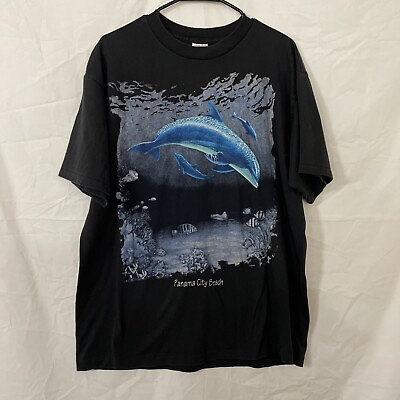 Vintage Panama City Beach Dolphin Nature Ocean Black T Shirt Single Stitch Sz XL