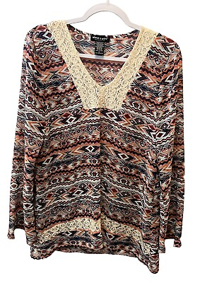 #ad About A Girl Tunic Top Boho Multi Color Sheer Blouse Long Sleeve size M