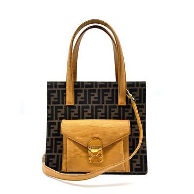 #ad Auth FENDI Zucca Handbag Shoulder Bag Brown Beige Canvas Leather z0185