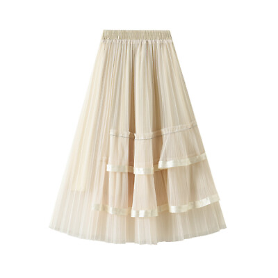 #ad Women#x27;s Ruffle Hem Layered Mesh Tutu Pleated A Line Midi Skirt