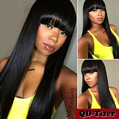 #ad Full Bangs Long Black Straight Wig Heat Resistant Synthetic Hair Women#x27;s Wigs