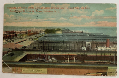 #ad 1915 NJ Postcard Hoboken Ocean Liner Docks from DLamp;W RR Tower Hamburg American