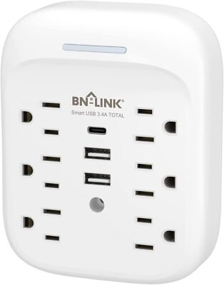 #ad BN LINK 6 Outlet Extender Multi Plug Outlet with 3 USB Charger Wall Adapter Tap
