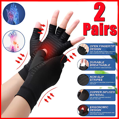 #ad 2 Pairs Copper Compression Arthritis Gloves Carpal Tunnel Joint Pain Relief Hand