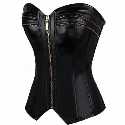 #ad US Fashion Lace Up Women Black Corset Top Bustier Faux Leather Zipper Shaper AM