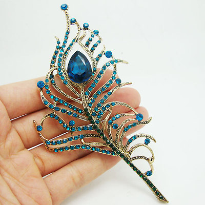 #ad Gorgeous Peacock Feather Gold tone Blue Rhinestone Crystal Brooch Pin Gift