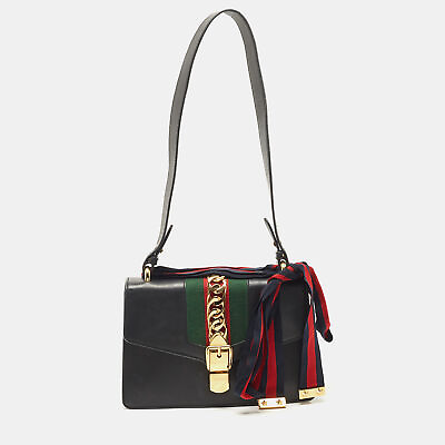 #ad Gucci Black Leather Small Web Sylvie Shoulder Bag