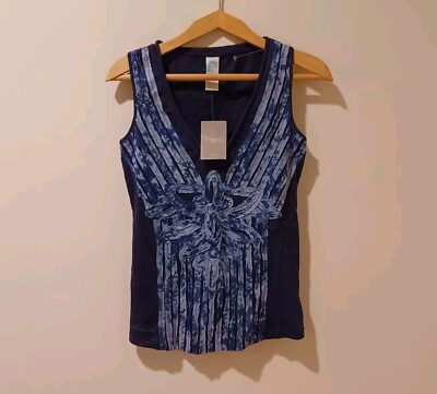 #ad NWT Anthropologie Size Small Navy Blue Sleeveless Tank Top Abstract Front Detail