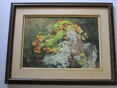 #ad Mushroom Painting Landscape Vintage Organic Nature Realism Signed Realistic