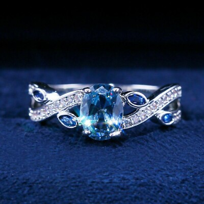 #ad Oval Cut Simulated Blue Topaz Diamond Women#x27;s Pretty Ring 14K White Gold Plated