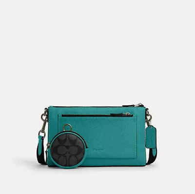 #ad Coach Men Black Antique Nickel Bright Turquoise Holden Leather Crossbody CP191