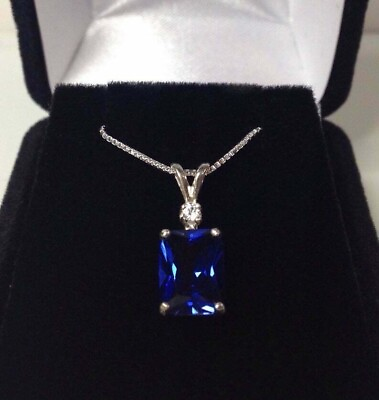 #ad Emerald Cut 5.25 ct Sapphire Pendant Necklace Blue amp; White Sapphire Jewelry Gift