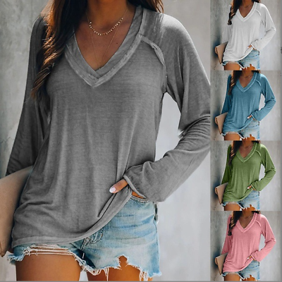 #ad Womens V Neck Casual Solid Pullover Blouse Loose Long Sleeve Tops Comfy T Shirt