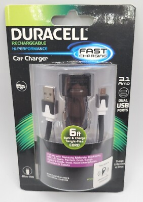 #ad Duracell Car Charger 6 ft Sync amp; Charge Cord 3.1 Amp Dual USB Ports. NEW SEALED
