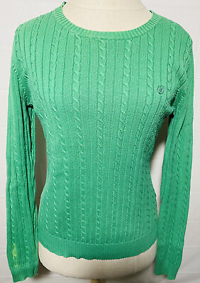 #ad Izod Women#x27;s Size S Green Long Sleeve Pull Over Cable Knit Sweater Top