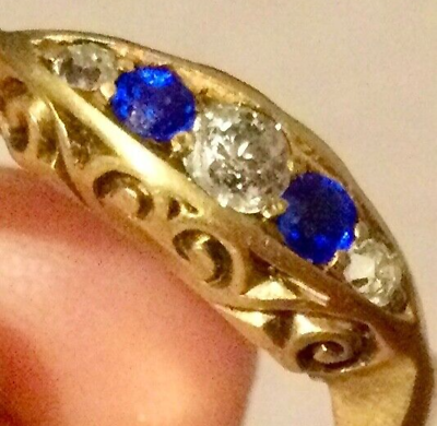 #ad Antique Victorian 18K Diamond Sapphire Cluster Ring READ Solid Yellow Gold N 14K