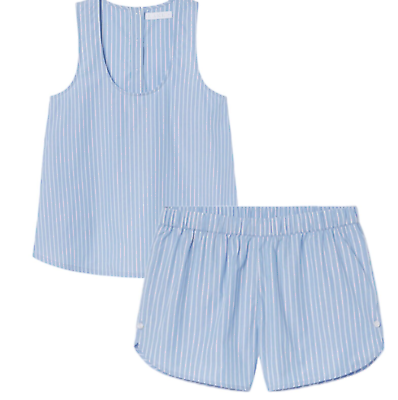 #ad LAKE Pajama 2 PC Set LARGE Top Shorts Blue White Stripe 100% Cotton Poplin NEW