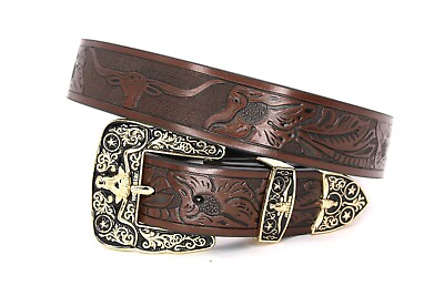 #ad Western Belt Leather Gold Longhorn Bull Coffee Belt for Pants Size 46 Cinto Toro