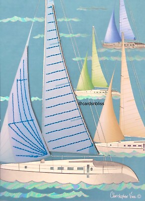 New Papyrus Designer Christopher Vine Stitched Sail Boats Birthday Card $10 Rtl