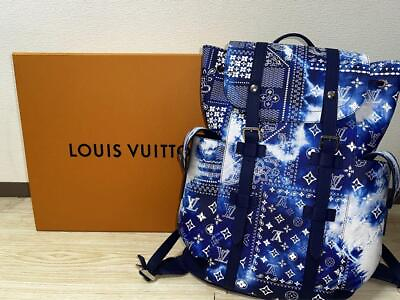 #ad Louis Vuitton Christopher MM Backpack Bag Bandana Blue M20554 Purse Auth LV Ex