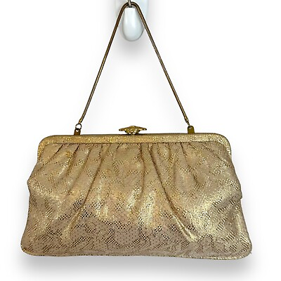 #ad Vintage Gold Clutch Evening Bag Rhinestone Clasp Chain Handle Retro Glam Regency