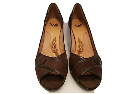 #ad Sofft Womens Pumps Heels Sz 10M Brown Suede Patent Leather Trim Peep Toe *Read*
