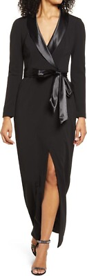 #ad Eliza J Black Long Sleeve Tuxedo Maxi Gown Evening Black Tie Wedding Sz 8 NWT