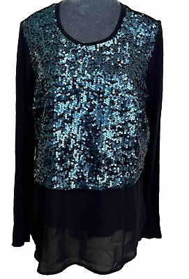 #ad I Heart Ronson Top Womens Black Blue Sequin High Low Sleeve Blouse Large $55