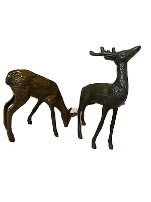 #ad Brass Deer Buck amp; Doe Figurine Statues Set Of 2