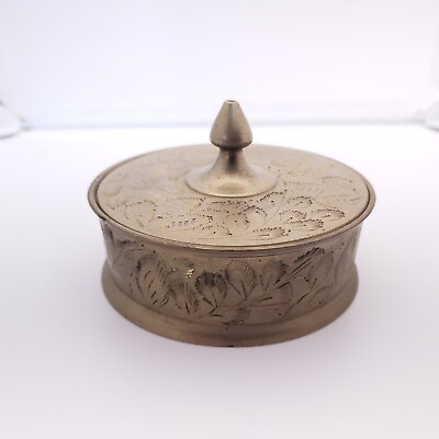 #ad Vintage Brass Round Trinket Or Powder Box Etched Canister Bowl India Pike Lid