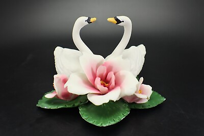 #ad Capodimonte Italy Figurine 2 SWAN amp; PINK ROSES Porcelain Vintage