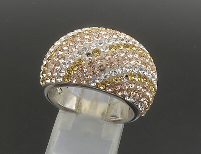 #ad JACMEL 925 Silver Vintage Shiny Crystal Striped Dome Band Ring Sz 8 RG21954