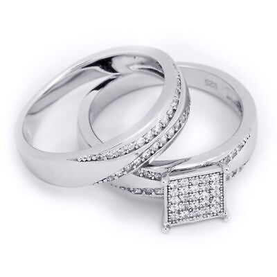 #ad 14k White Gold Sterling Princess Diamond cut Engagement Ring Wedding Set NEW