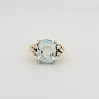 #ad Vintage 14k Yellow Gold Oval Aquamarine accent diamonds statement Ring size 6.5
