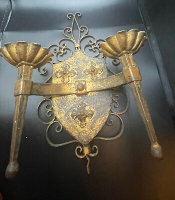 #ad Antique Gothic Spanish Revival Tudor Hand Wrought Iron Sconce Candelabra Gold