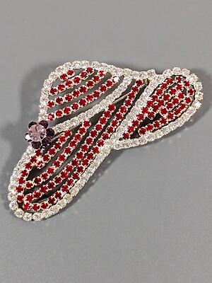#ad Vintage Red Rhinestone Hat Purple Flower Pave Open Work Large Brooch Pin