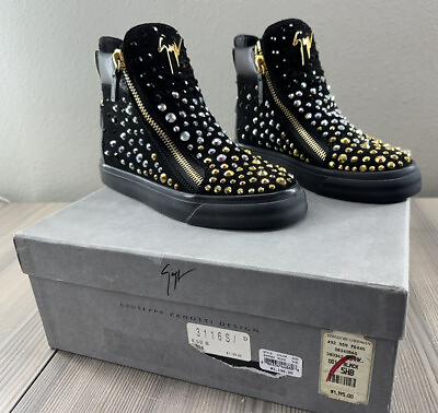 #ad Giuseppe Zanotti Design Black Leather Studs Embellished High Top Boots Sneakers