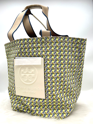 #ad AUTH NWT TORY BURCH Basket Weave Prints Nylon Large Tote Shopper Bag Acid Lemon