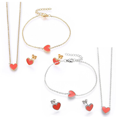#ad Stainless Steel Set Pendant Necklace Earring Bracelet Enamel Heart Red Gold P748