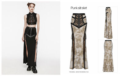 #ad Punk Rave Women Black Gothic Punk Sexy Mesh Rope Decor Slit Long Skirt