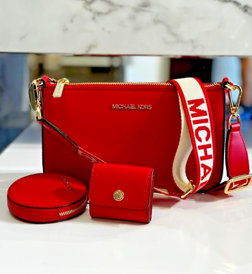 #ad Michael Kors Jet Set Travel Small Leather Crossbody Bag Tech Attached Bright Red