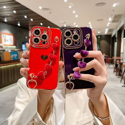 #ad For iPhone 14 13 12 11 Pro Max Cute Love Heart Plating Wrist Strap Stand Case