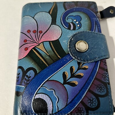 #ad ANUSCHKA Wallet Hand Painted Leather Bi Fold Snap Organizer Floral