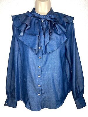 #ad Joy Cloe Blue Ruffle Chambray Pussy Bow Top Shirt Blouse Sz UK 12 M NEW British