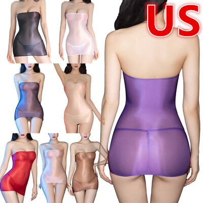#ad US Women#x27;s Dresses Sheer See Through Glossy Stretchy Tube Dress with G string