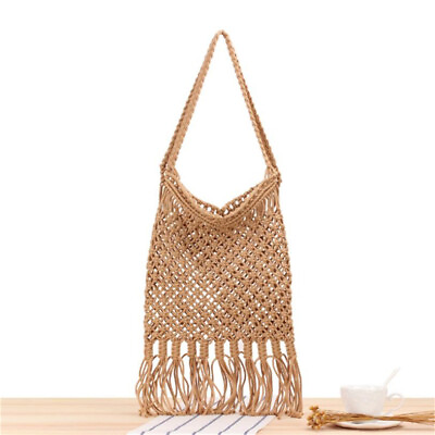 #ad Womens Hollow Straw Beach Bag Mesh Tassels Summer Foldable Shopping Shoulder Bag